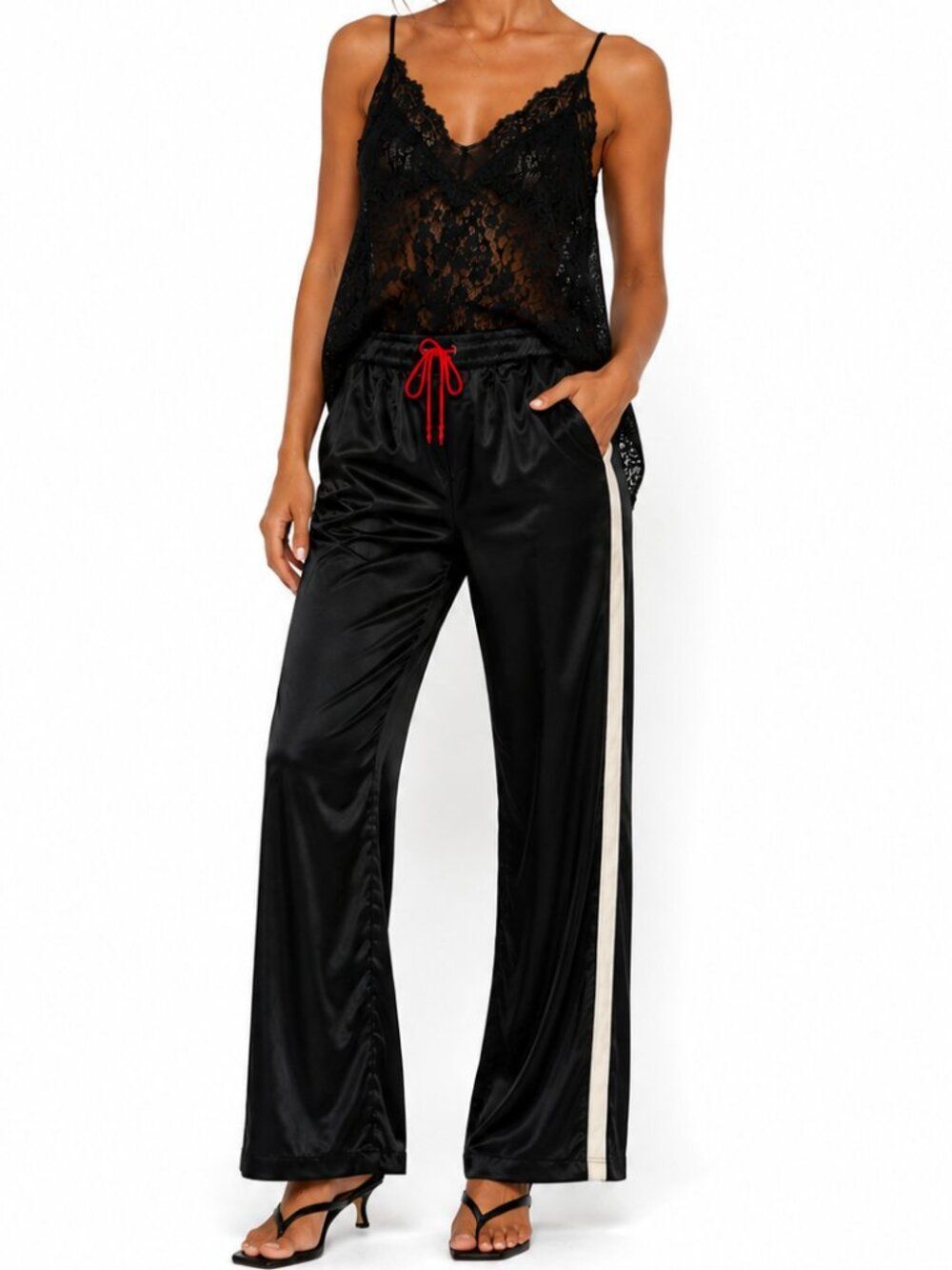 Maison Scotch Black Satin Track Pants Drawstring Red Tie Straight leg Size 4